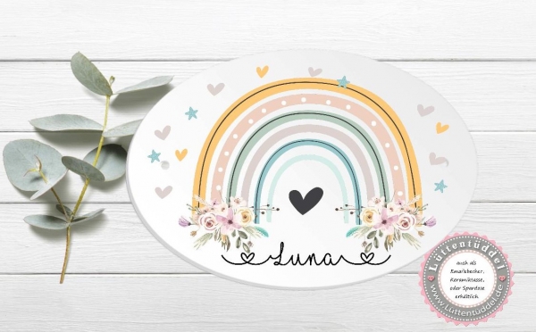 zauberhaftes ovales Türschild mit Regenbogen Blüten Herzen und Wunschname, Kinderzimmer- zur Einschulung, Geburtstag, Taufe, Lüttentüddel®